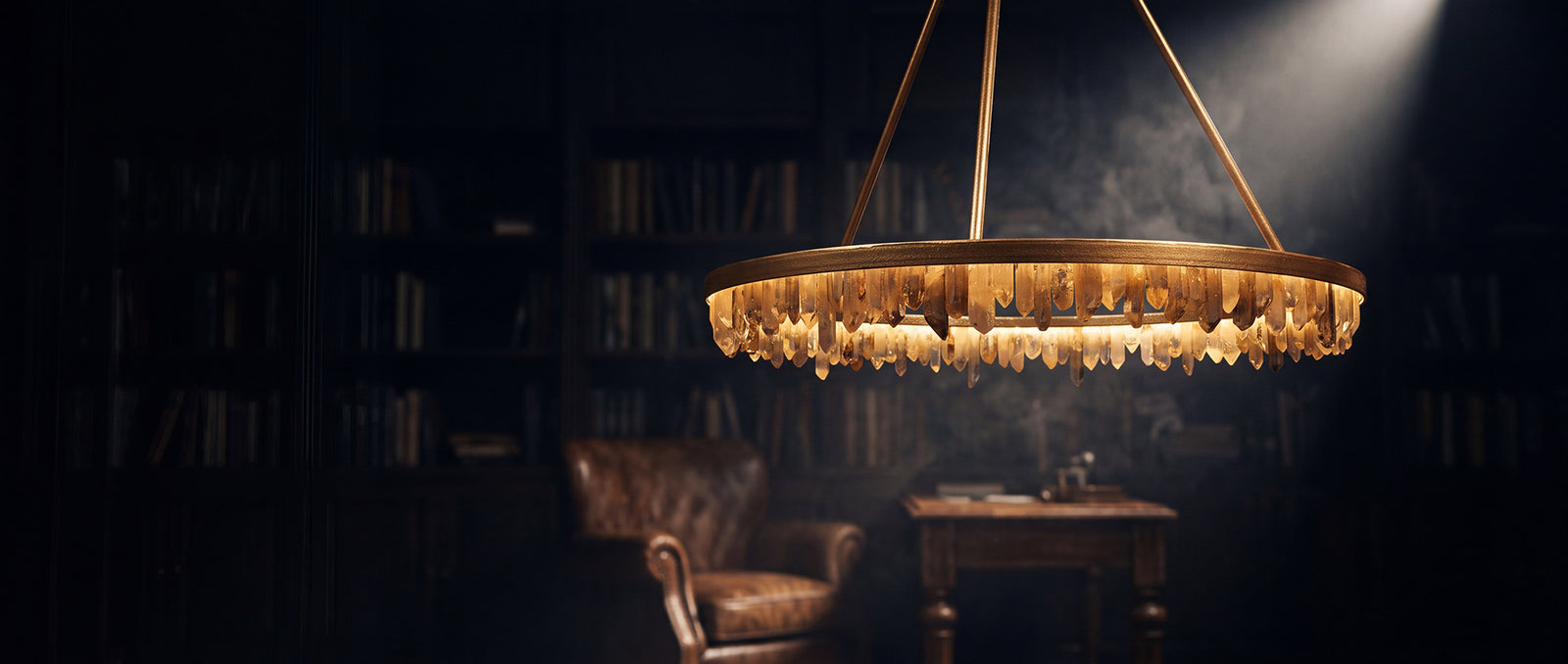 Handcrafted wrought iron designer lighting chandelier with artisan forged iron details in a luxury custom home interior