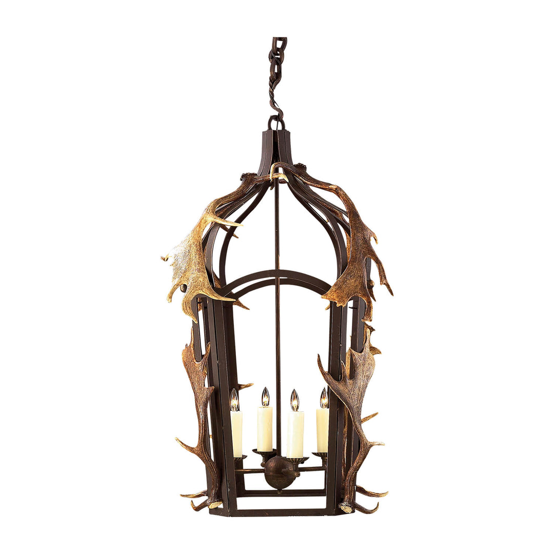 Band wrought iron antler lantern chandelier with naturally shed antlers and candle lights, handcrafted in our Dallas wrought iron lighting workshop.
