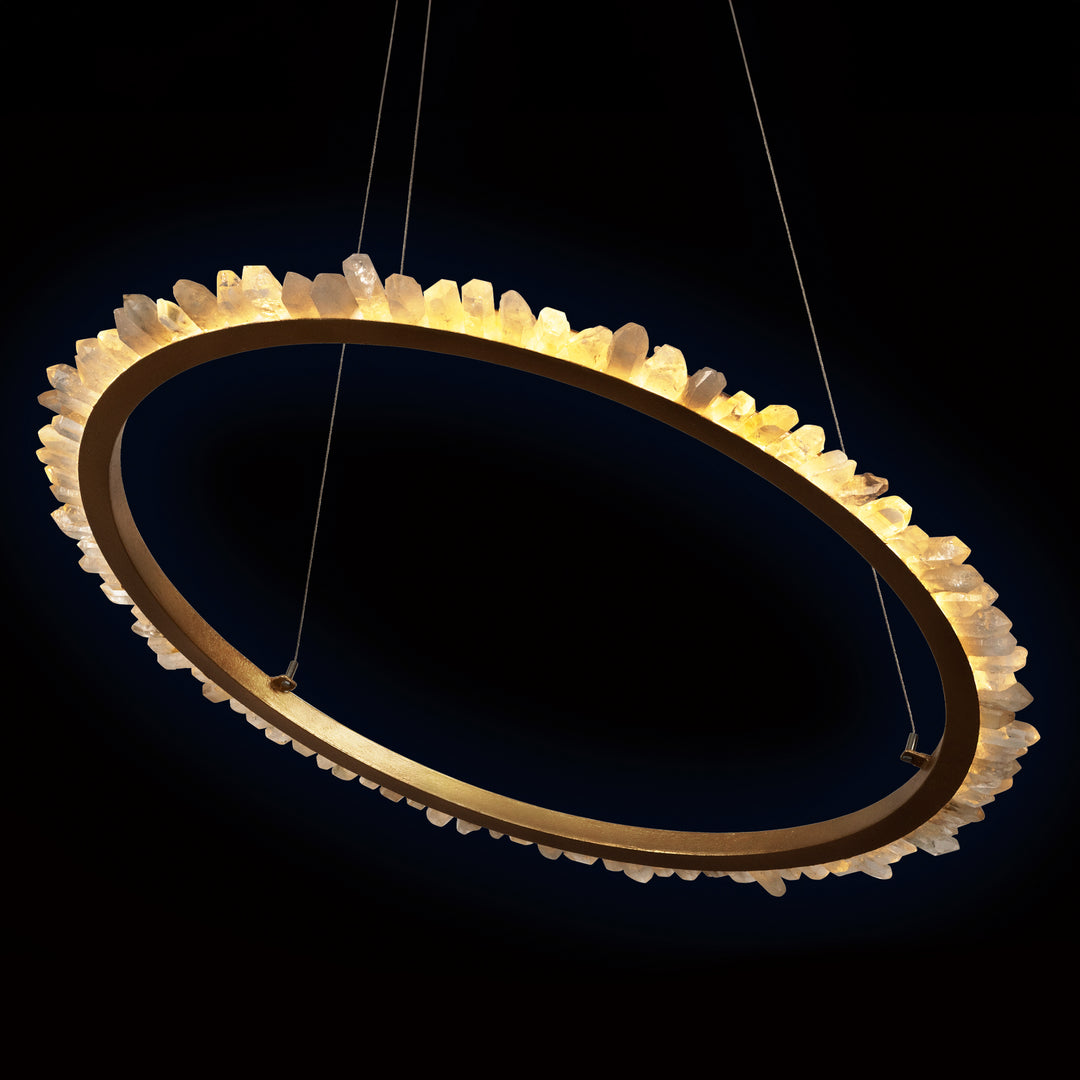 Bangle wrought iron quartz ring chandelier with a single illuminated circular frame surrounded by natural quartz crystal formations.