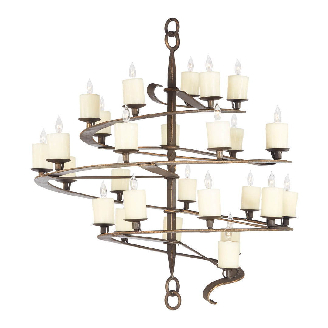 Belagio wrought iron spiral chandelier with sweeping open iron bands, staggered candle lights, and a forged central suspension.