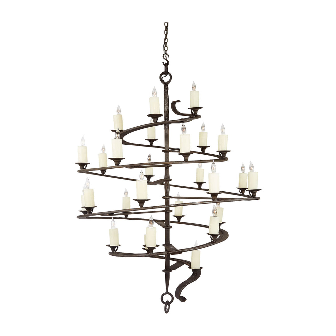 Belagio spiral wrought iron chandelier shown full length with cascading candle-style lights and sculptural ironwork around a central spine.