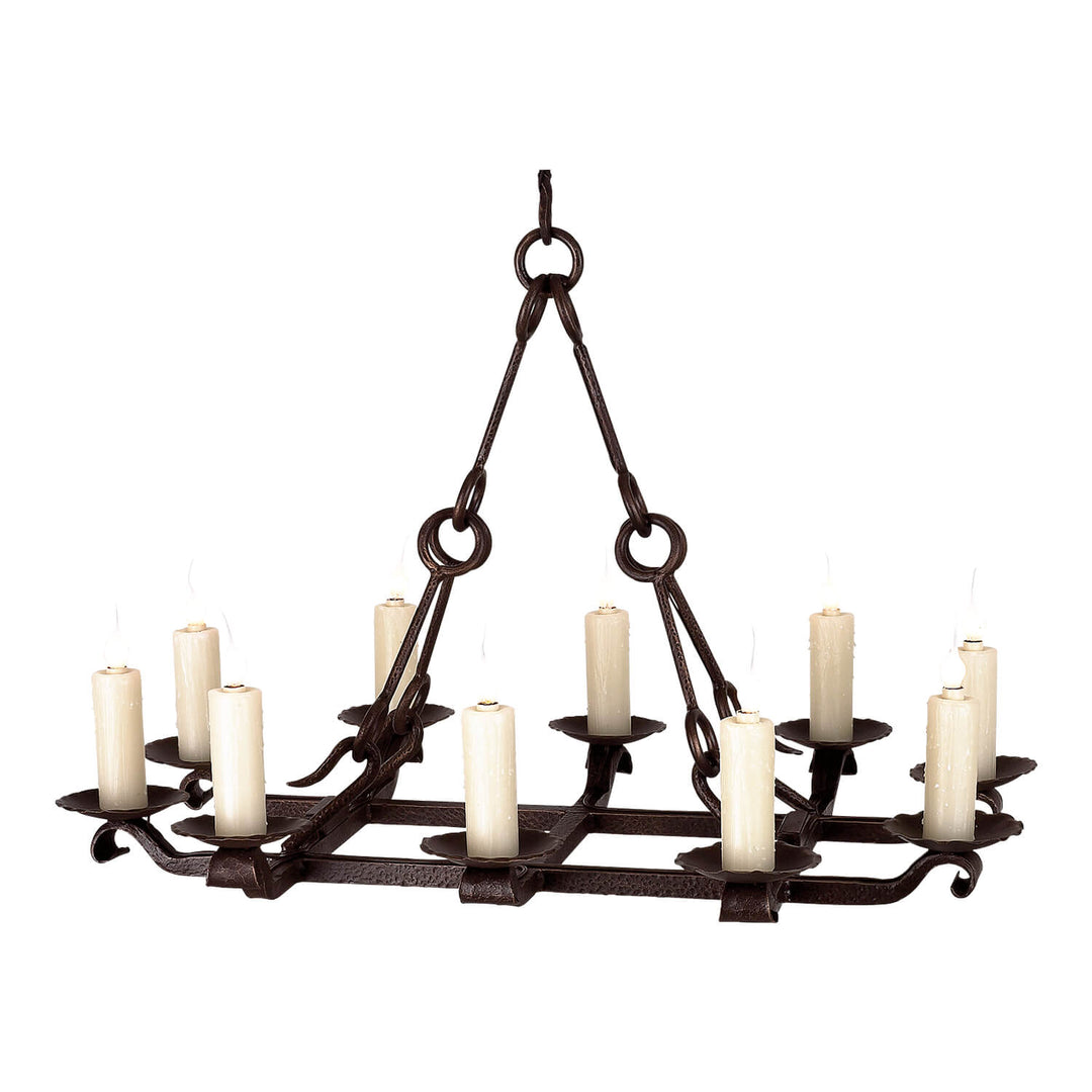 Bianco linear wrought iron chandelier with layered candle lights, rectangular iron framing, sculptural suspension rings, and curled details.