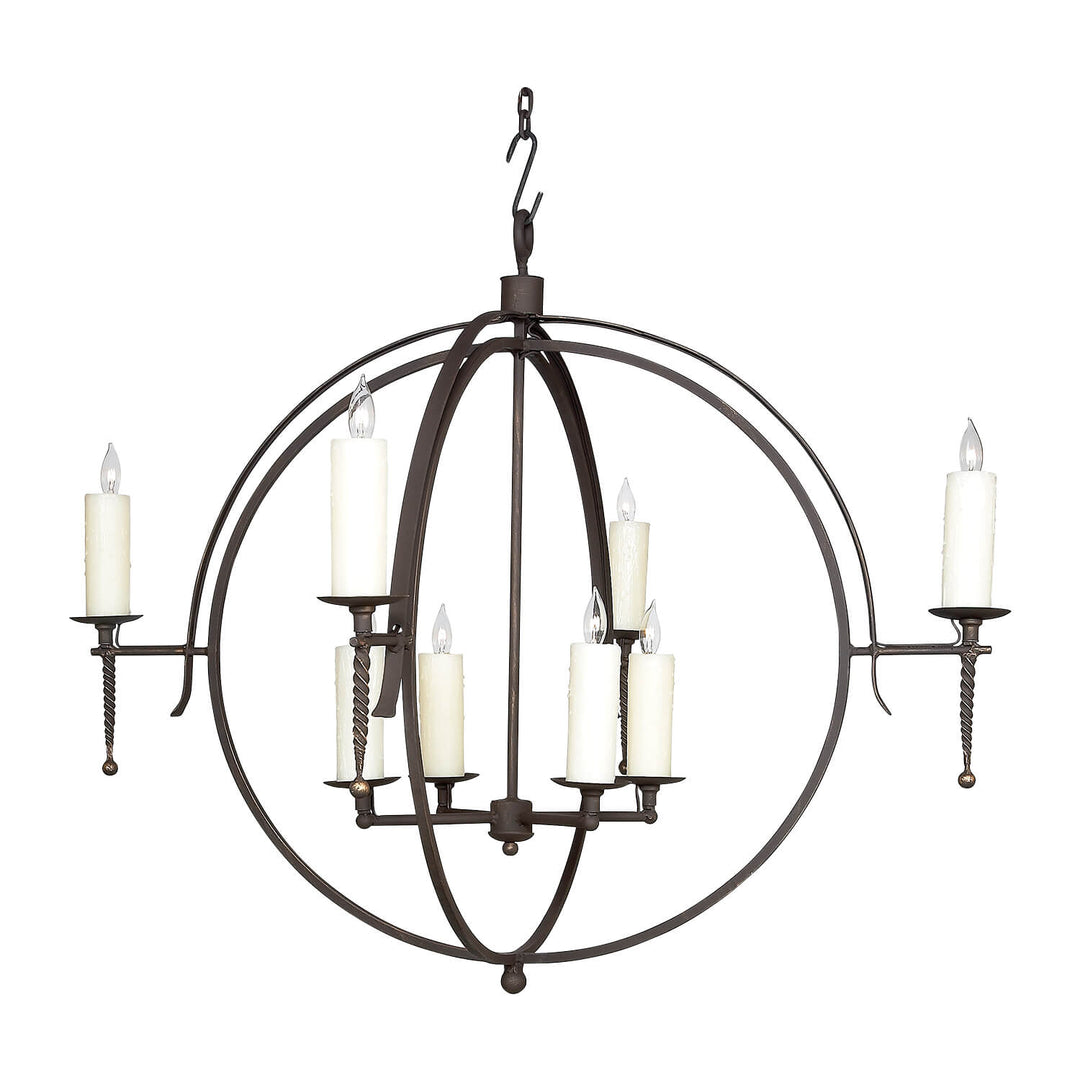 Broadway circular wrought iron chandelier with 8 lights and hammered iron ring design handcrafted by ashore lighting in dallas texas