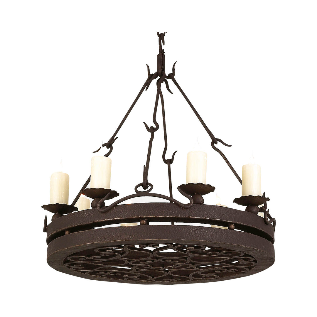 Brooks round wrought iron chandelier with hammered frame and 8-10 lights, handcrafted in Dallas with optional onyx shades
