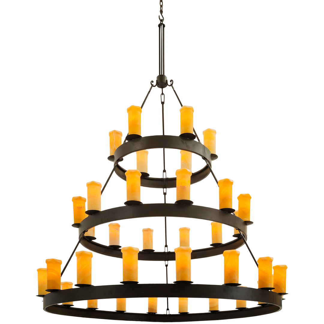 Cabana three-tier wrought iron chandelier with graduated circular frames, luminous natural alabaster shades, and a dark artisan finish.