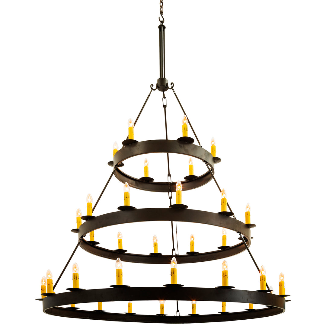 Cabana three-tier wrought iron chandelier with exposed candle-style lights, graduated circular rings, and a dark artisan finish.