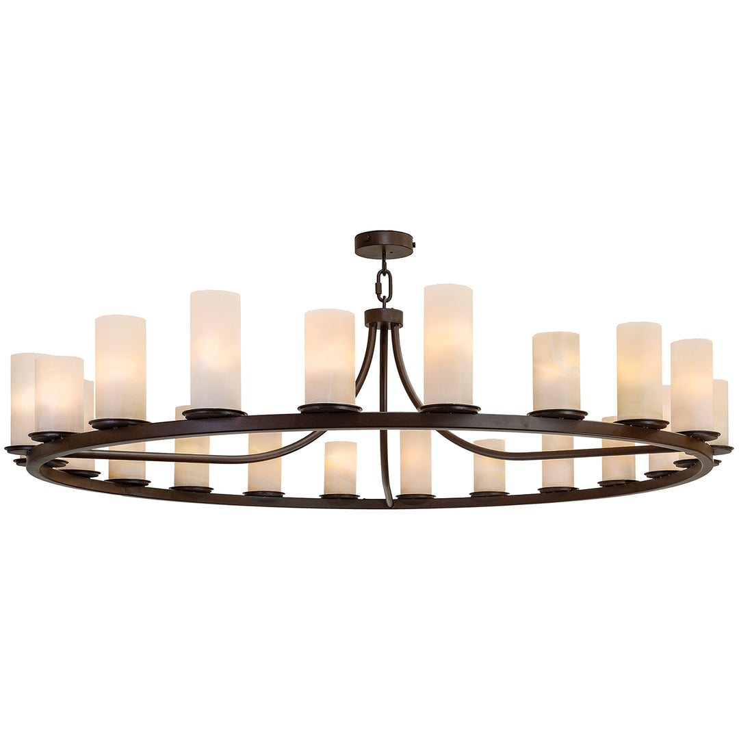 Cambria circular wrought iron chandelier featuring forged iron ring design with onyx cylinder shades and multiple lights for grand dining rooms and entryways