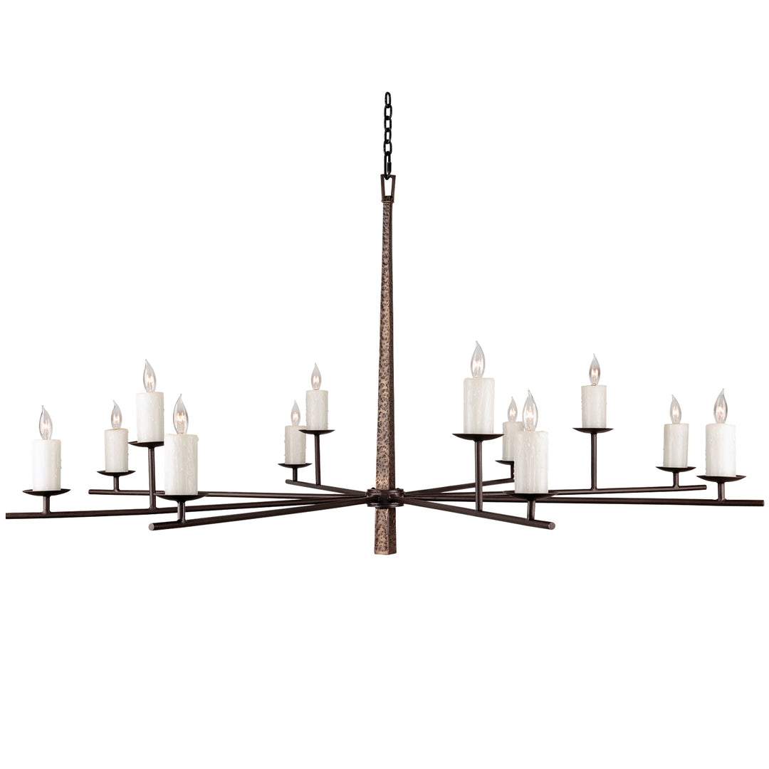Camden twelve-light wrought iron chandelier with a textured central column and slender radial arms supporting candle-style lights.