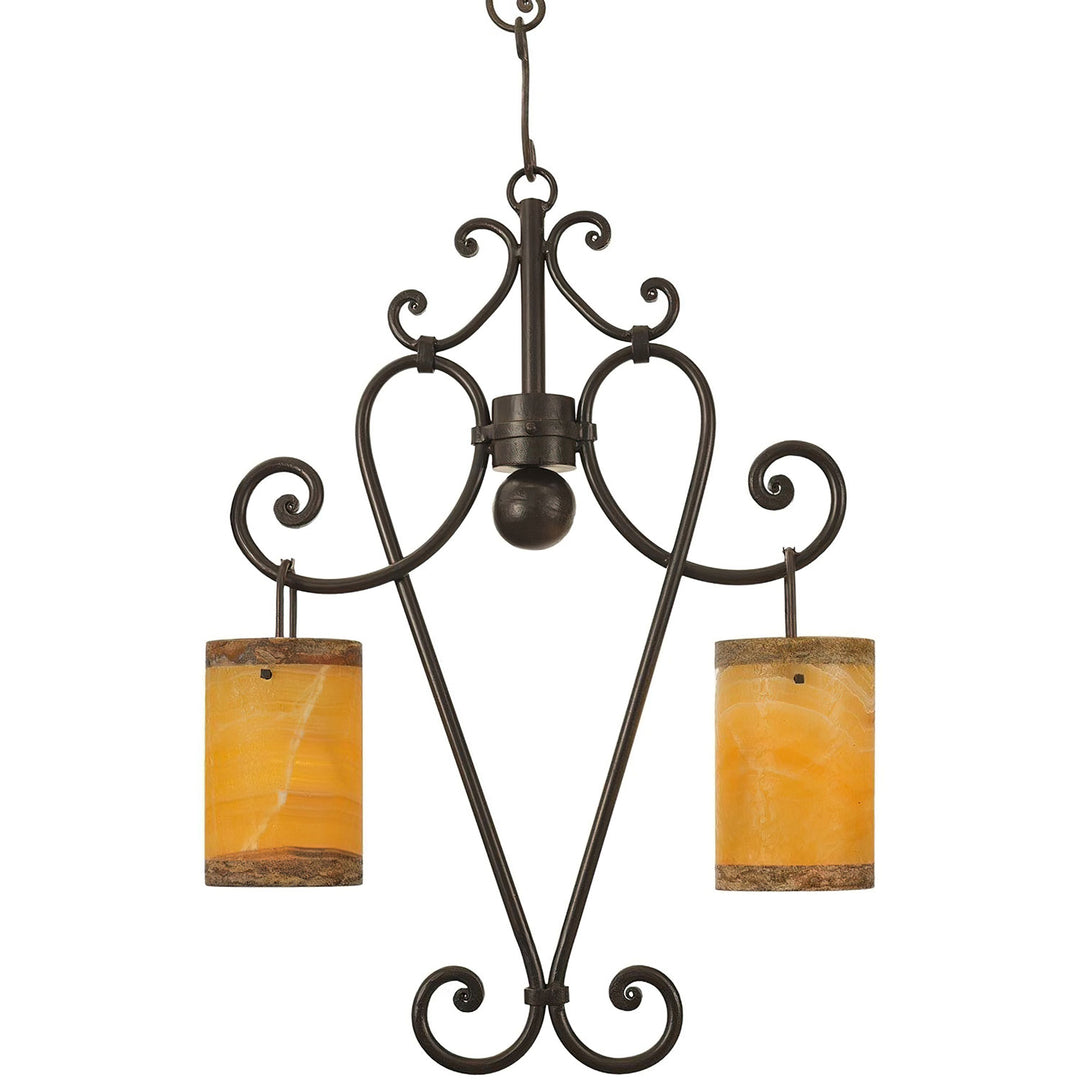 Campana 2 light wrought iron chandelier with scrollwork frame and onyx shades, handcrafted in Dallas with artisan finishes