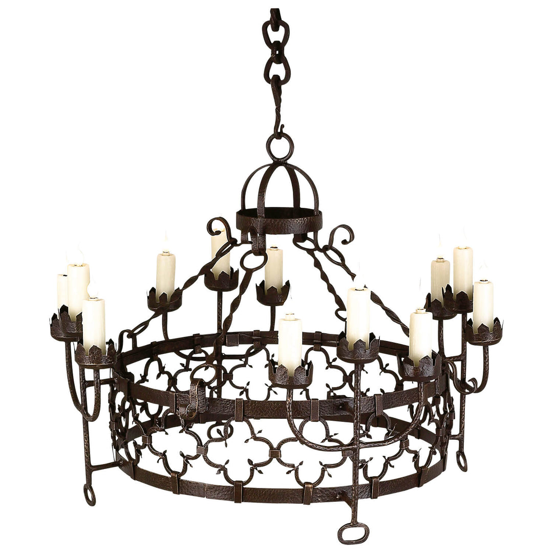 Camron round wrought iron chandelier with hammered decorative frame and 12-15 lights, handcrafted in Dallas with optional onyx shades