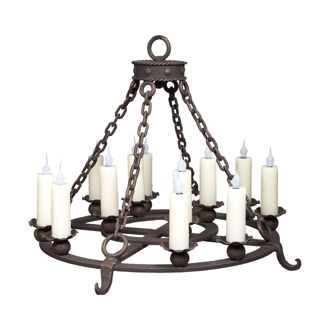 Canali round wrought iron chandelier with hammered circular frame and 12-16 lights, handcrafted in Dallas with optional wax covers or onyx shades