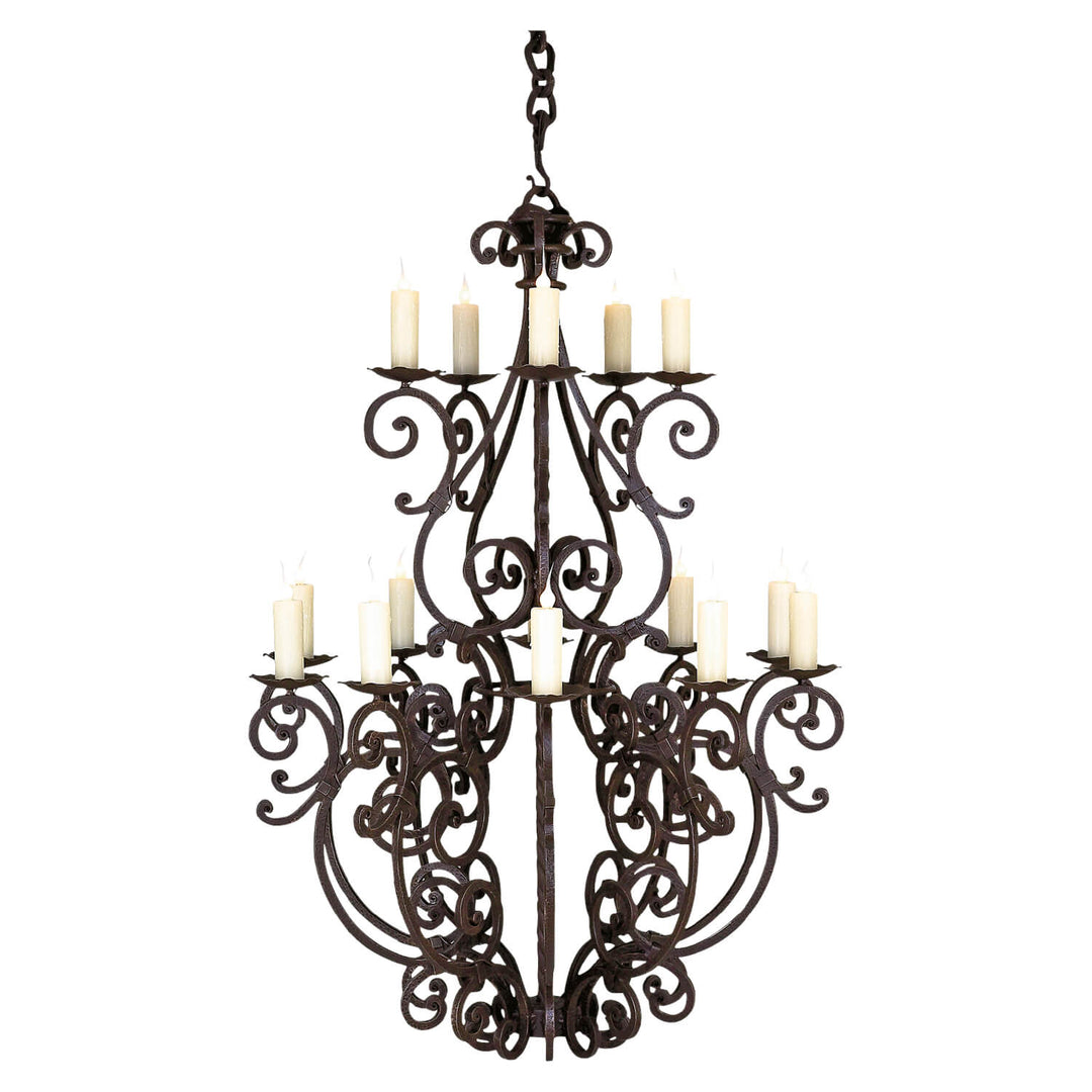 Cartier 15-light wrought iron chandelier with two-level candle-style lights, ornate lower scrollwork and a dark hand-applied finish.
