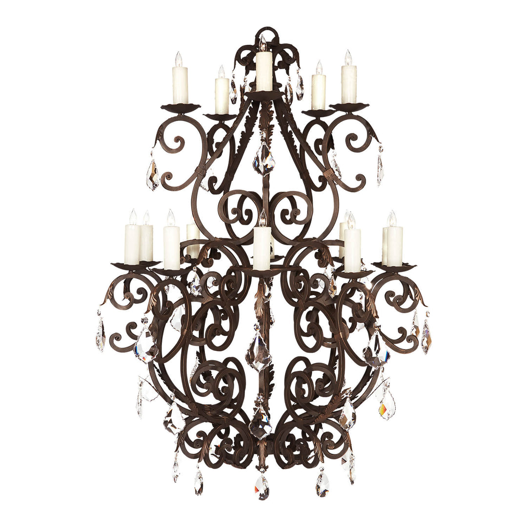 Cartier Heirloom 15-light wrought iron chandelier with two levels of candle-style lights, ornate scrollwork and suspended crystal drops.