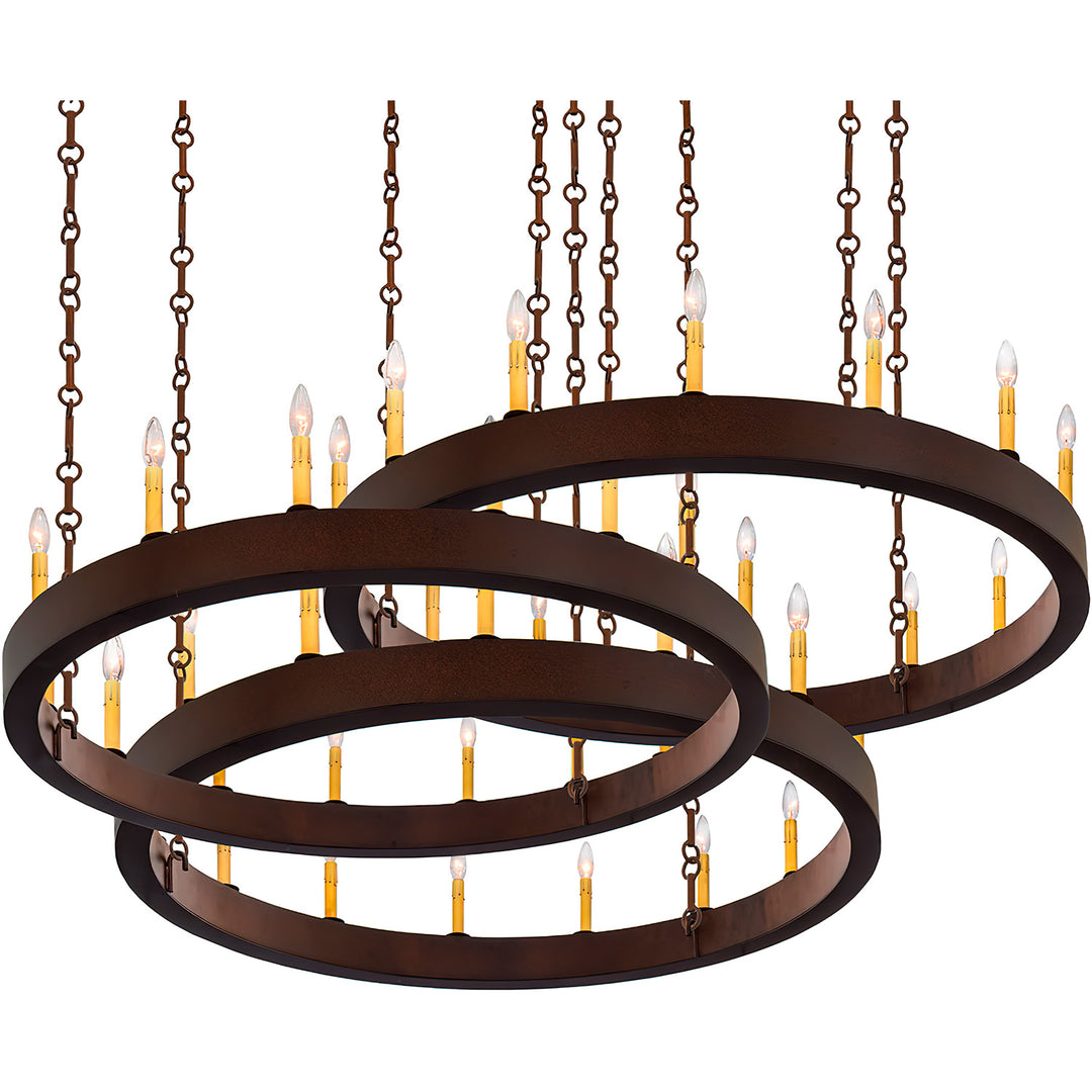Caspian triple-ring wrought iron chandelier with three suspended circular frames, chain suspension, and 30 candle-style lights.