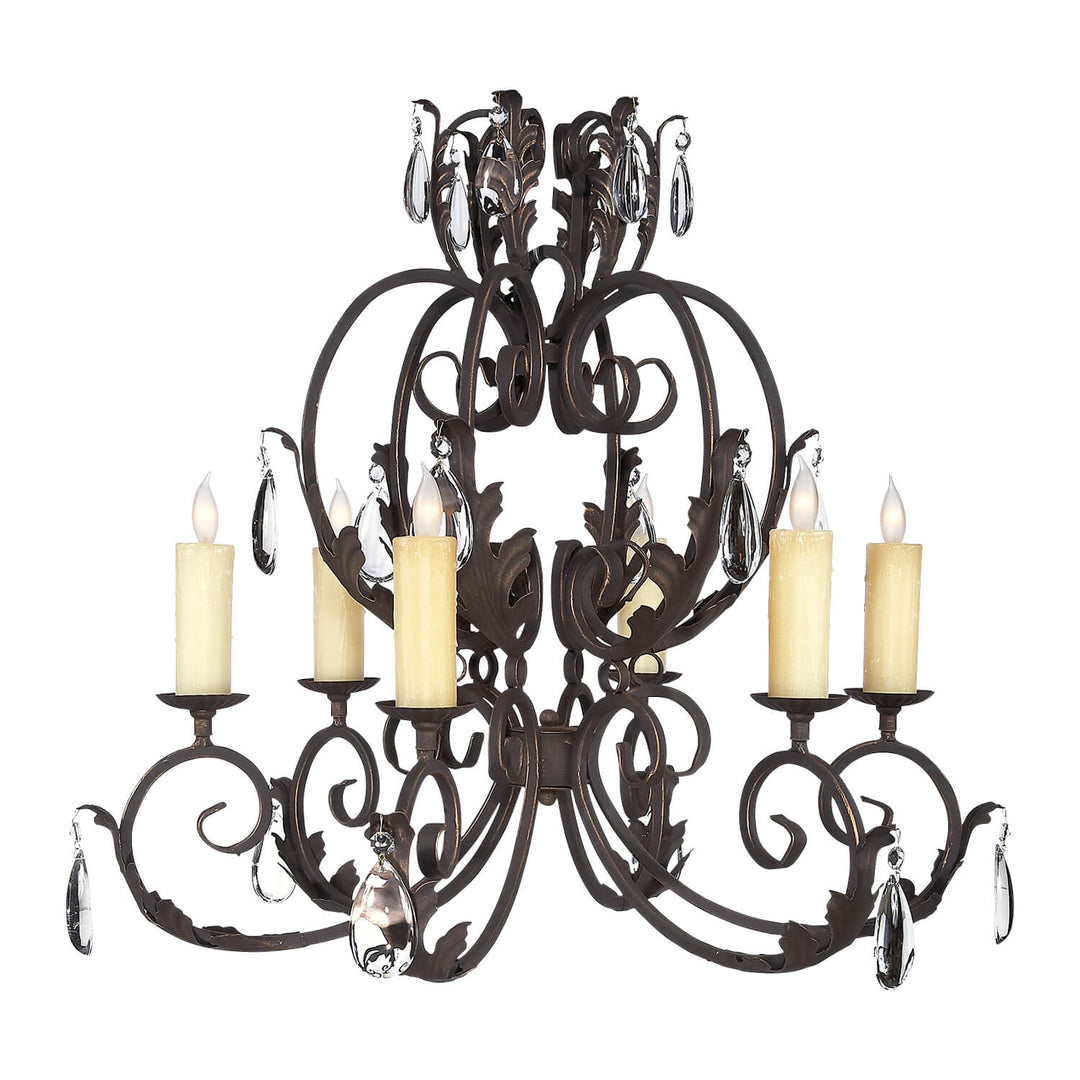 Cinderella six-light wrought iron chandelier with curved scroll arms, foliage accents, candle-style lights and faceted crystal drops.