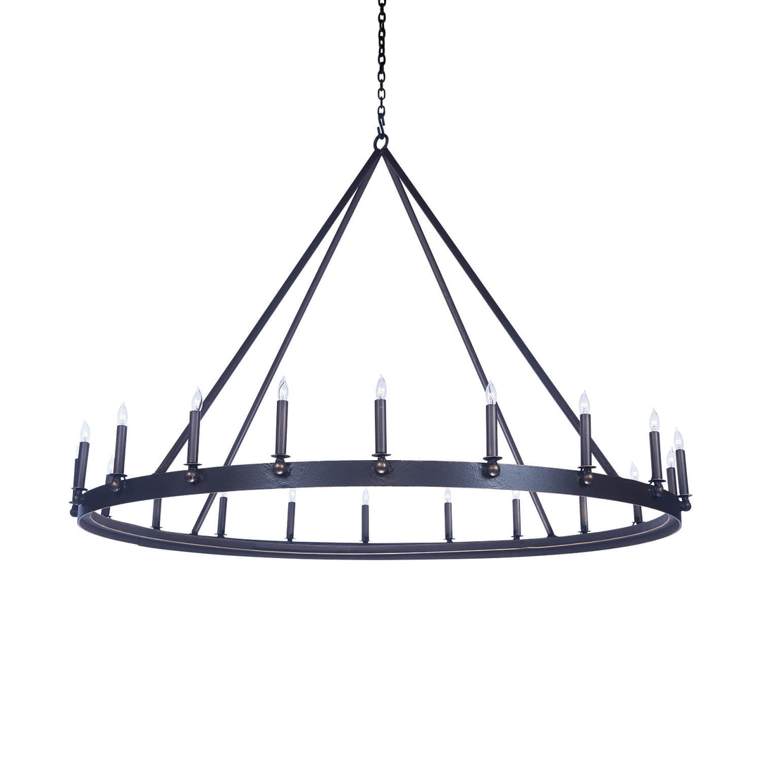 Circa single-tier wrought iron ring chandelier with an open circular frame, structural suspension, and evenly spaced candle-style lights.