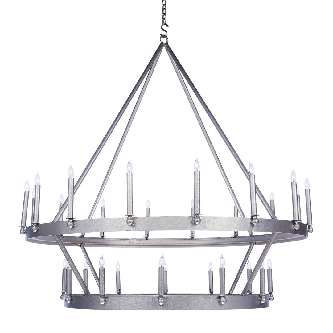 Circa two-tier wrought iron ring chandelier with open circular tiers, structural iron suspension, and rows of candle-style lights.