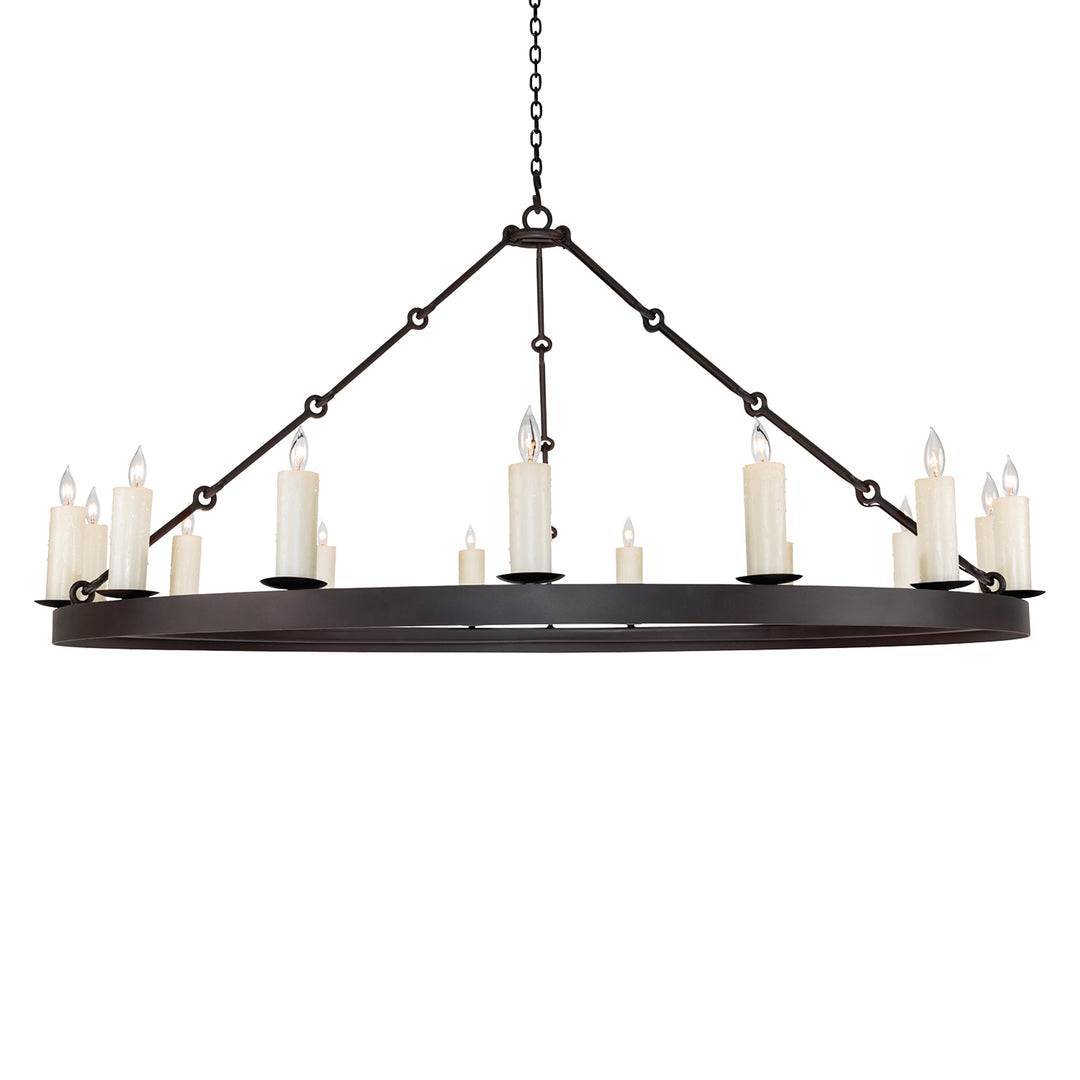 Clara single-tier wrought iron ring chandelier with chain suspension, open circular frame, and evenly spaced candle-style lights.