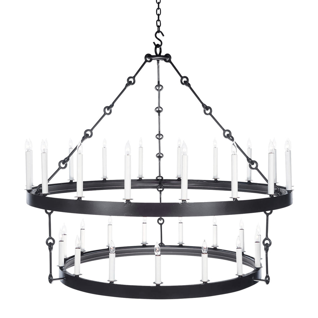 Clara two-tier wrought iron ring chandelier with chain suspension, open circular tiers, and rows of evenly spaced candle-style lights.