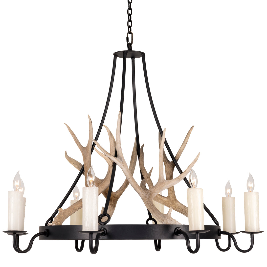 colt 8 light wrought iron antler chandelier with natural shed antlers handcrafted by ashore lighting dallas texas rustic modern lighting