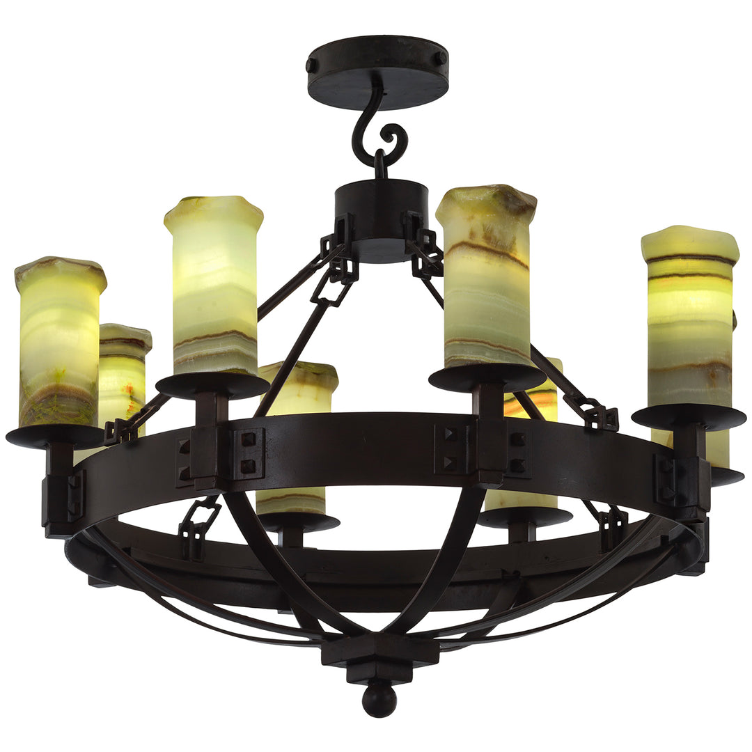 Craftsman eight-light wrought iron chandelier with riveted circular frame, exposed chain suspension, curved ironwork, and natural alabaster shades.