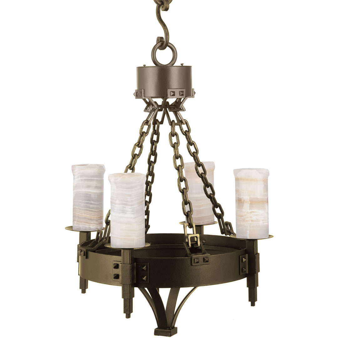 Craftsman four-light wrought iron chandelier with riveted circular iron frame, chain suspension, architectural brackets, and alabaster shades.