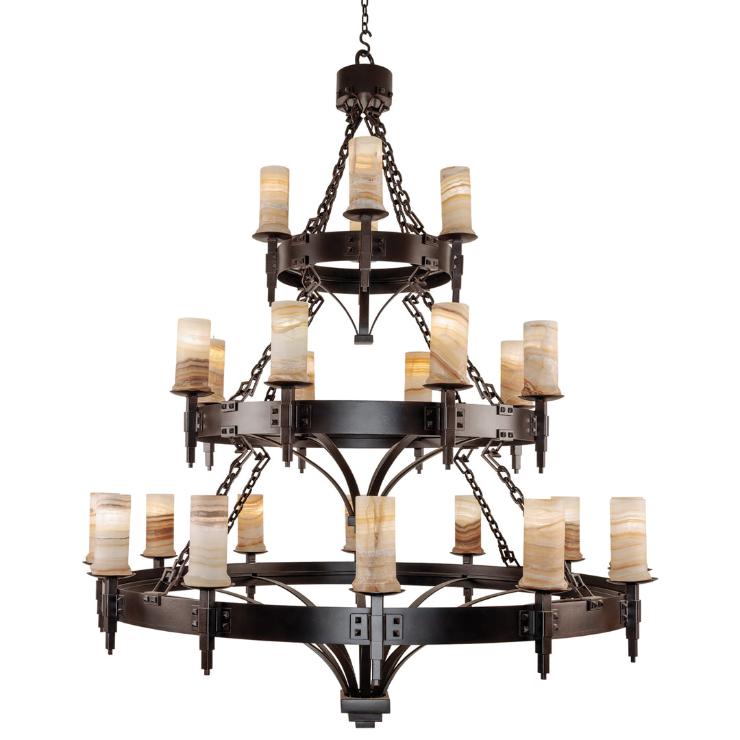Craftsman three-tier wrought iron chandelier with 24 lights, riveted circular iron frames, chain suspension, and natural alabaster shades.