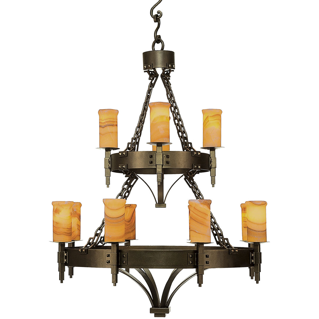 Craftsman two-tier wrought iron chandelier with riveted circular frames, chain suspension, curved ironwork, and natural alabaster shades.