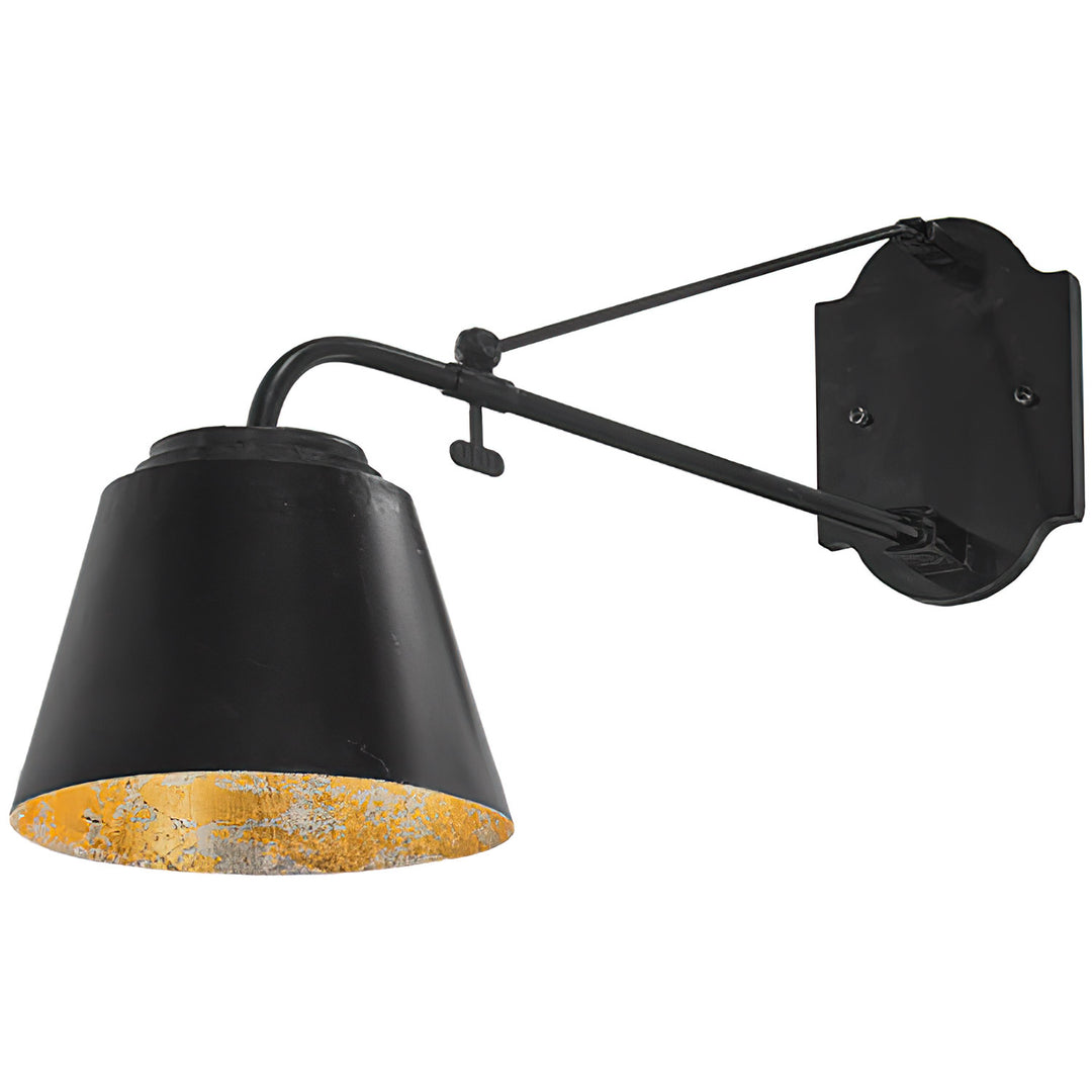 CST-3407 swivel wrought iron wall sconce with an extended adjustable arm, tapered black shade, and warm gold-toned interior.