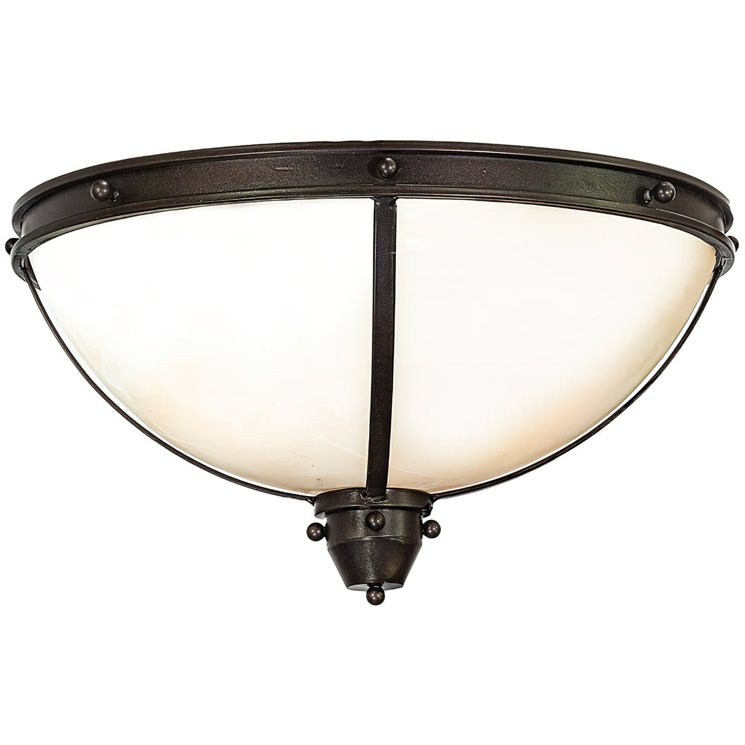 CST-3962 designer alabaster flush mount with glowing alabaster dome, wrought iron frame, rivet details, and artisan finish