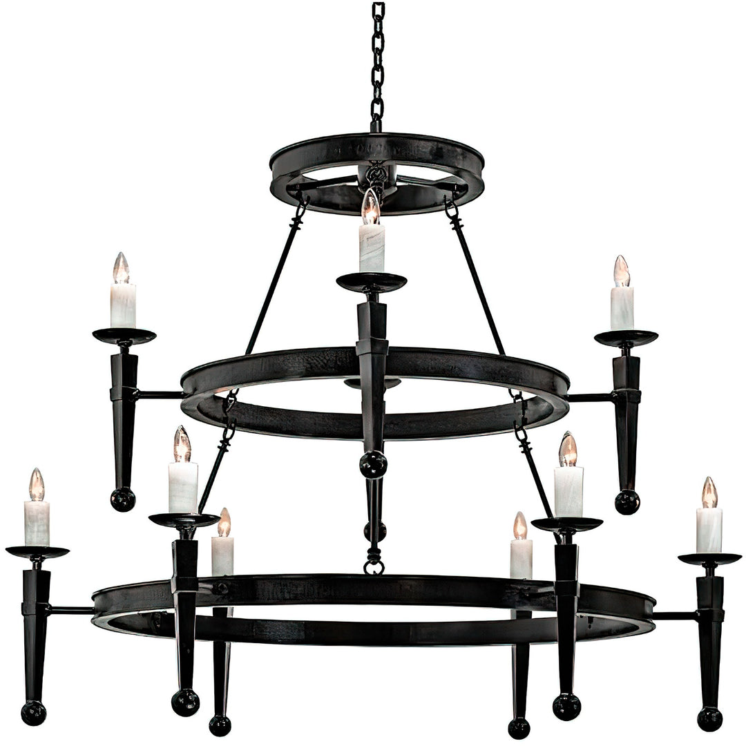 Dakota round wrought iron chandelier featuring two tier forged iron rings with candle style lights, handcrafted iron chandelier for grand interiors