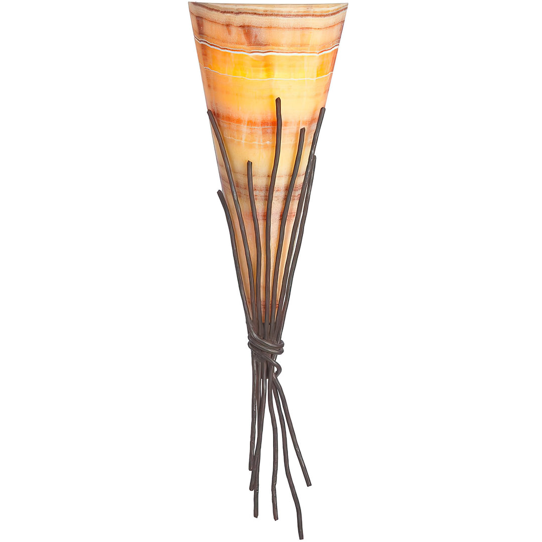 Dakota wrought iron alabaster wall sconce with flared Amber with Red Veining shade and gathered, prairie-inspired forged iron stems.