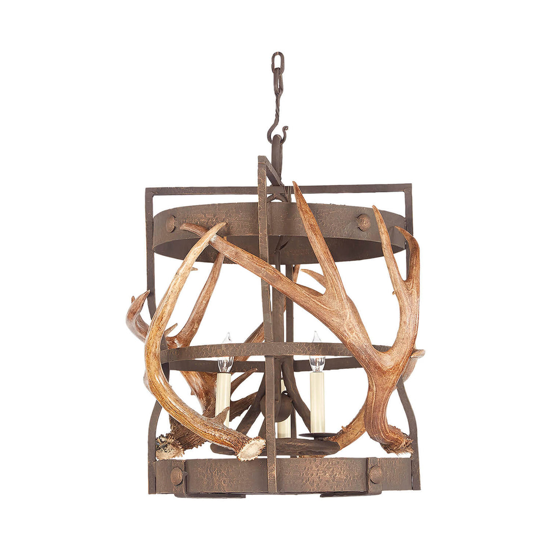 damian wrought iron antler lantern chandelier with natural shed antlers handcrafted by ashore lighting dallas texas compact rustic lighting
