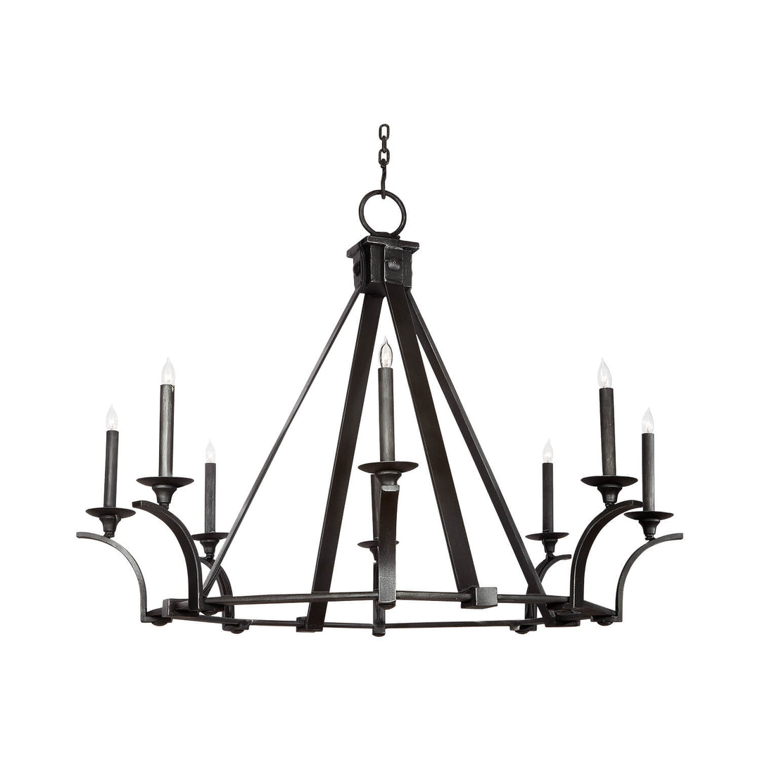 Danielle wrought iron chandelier with curved candle arms, circular iron framework, and substantial angular suspension supports.