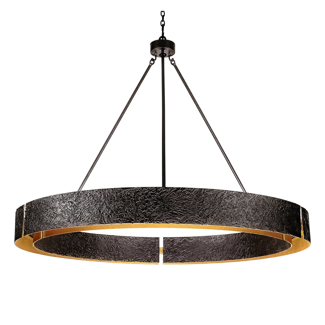 Single tier Darlana forged iron chandelier with textured handcrafted iron band and round modern chandelier design