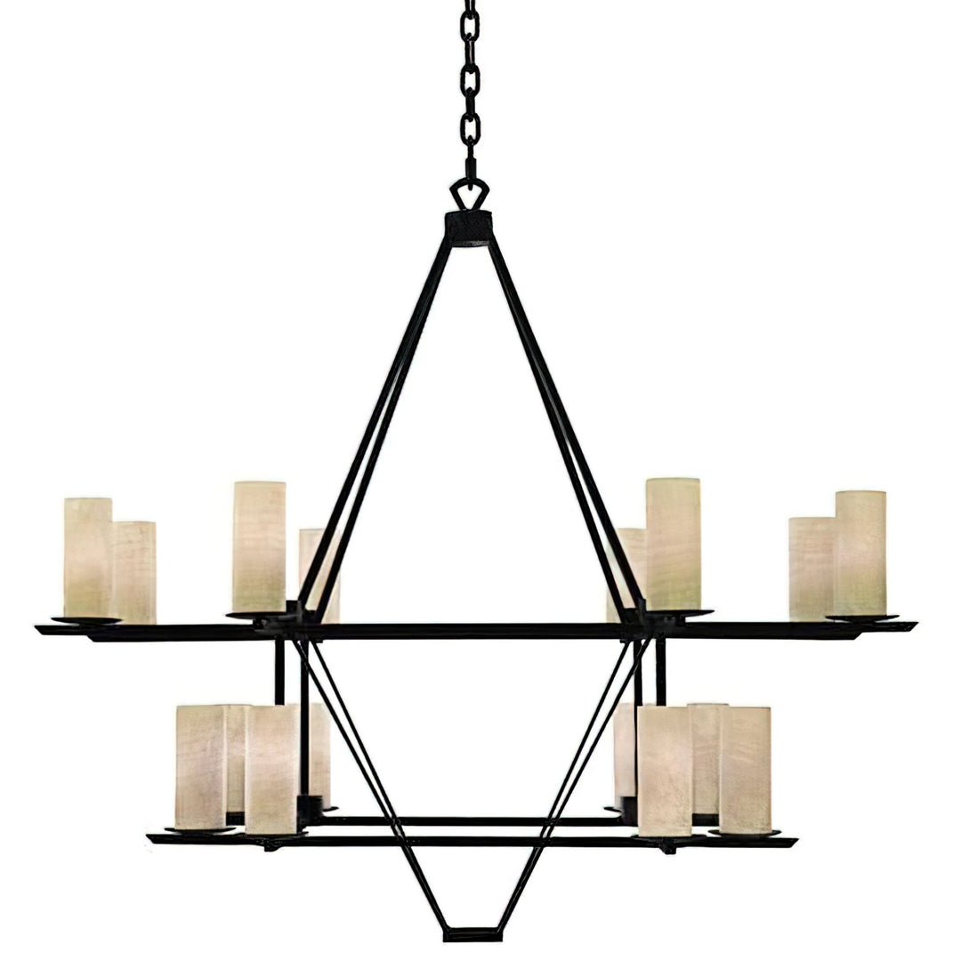 David 16 light wrought iron chandelier featuring an architectural iron frame design with candle lights, handcrafted iron lighting fixture