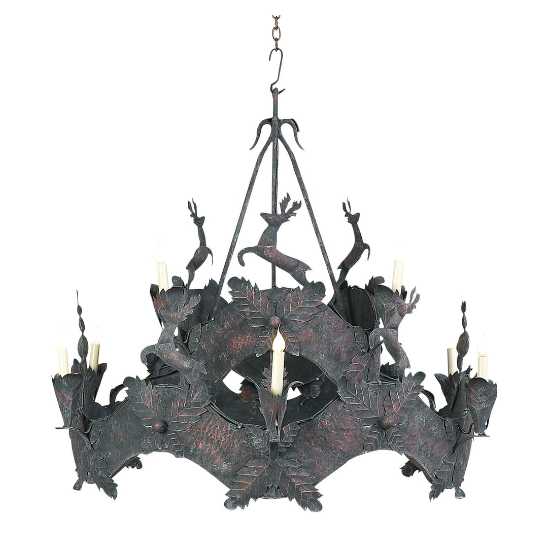 wrought iron chandelier with sculptural deer motif, tiered designer iron lighting handcrafted by manufacturer in Dallas Texas