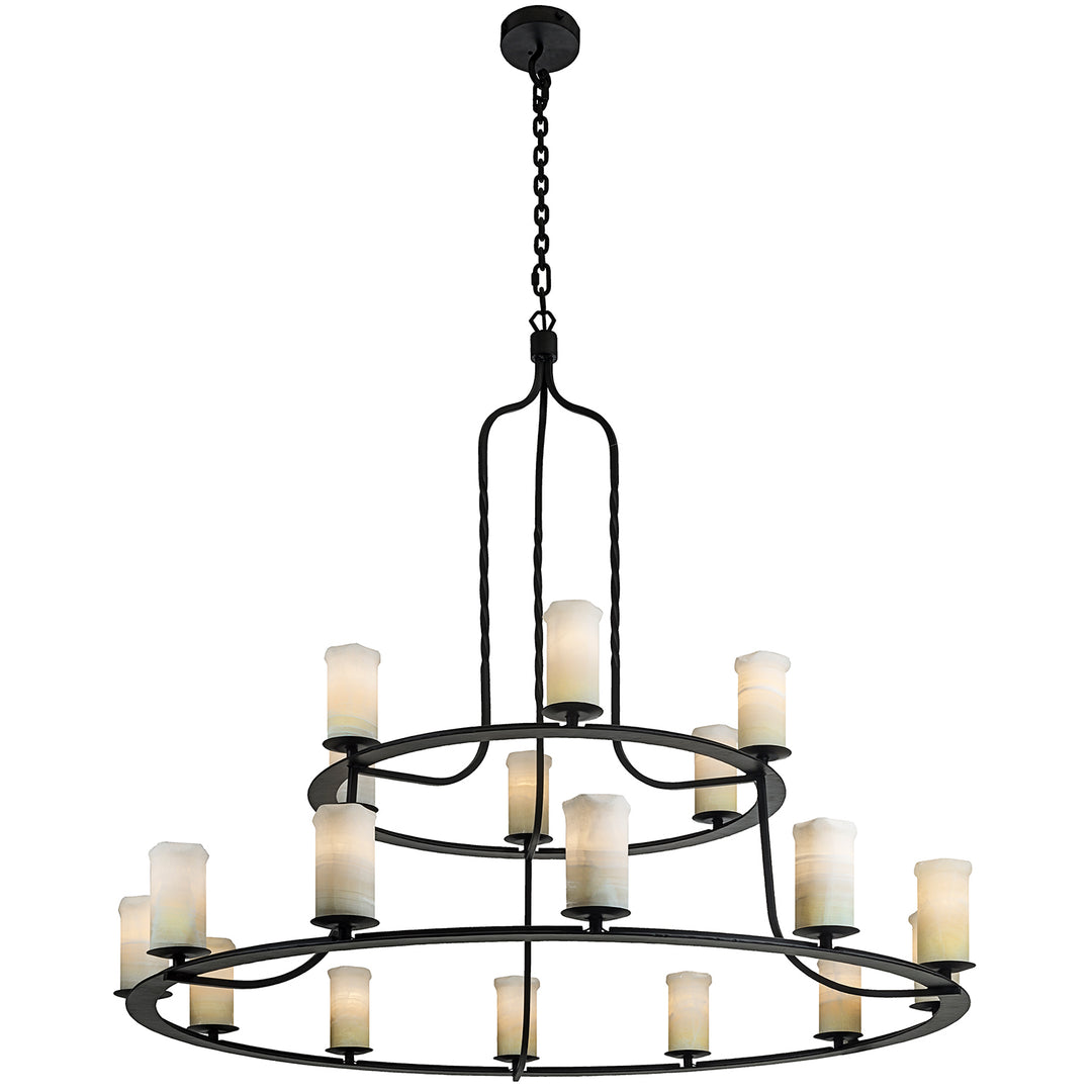 Denali two-tier wrought iron chandelier with 18 lights, circular iron rings and natural alabaster shades in a grand architectural form.