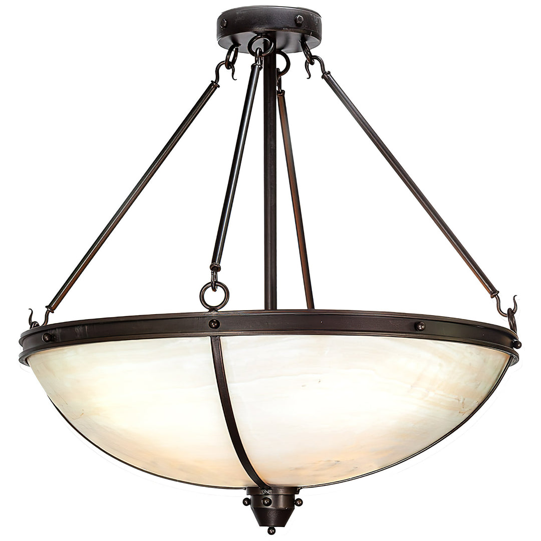 Designer alabaster pendant with hand-finished iron frame, suspended rods, and luminous alabaster bowl shade