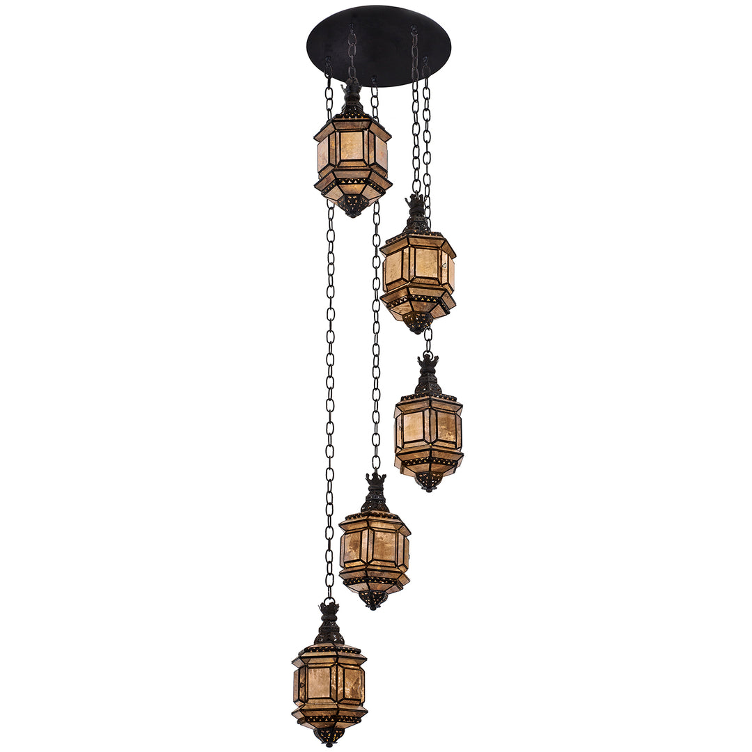 Diamante 5 Light Cluster Pendant artisan pendant light with hand-punched tin and antique mirrored glass lanterns