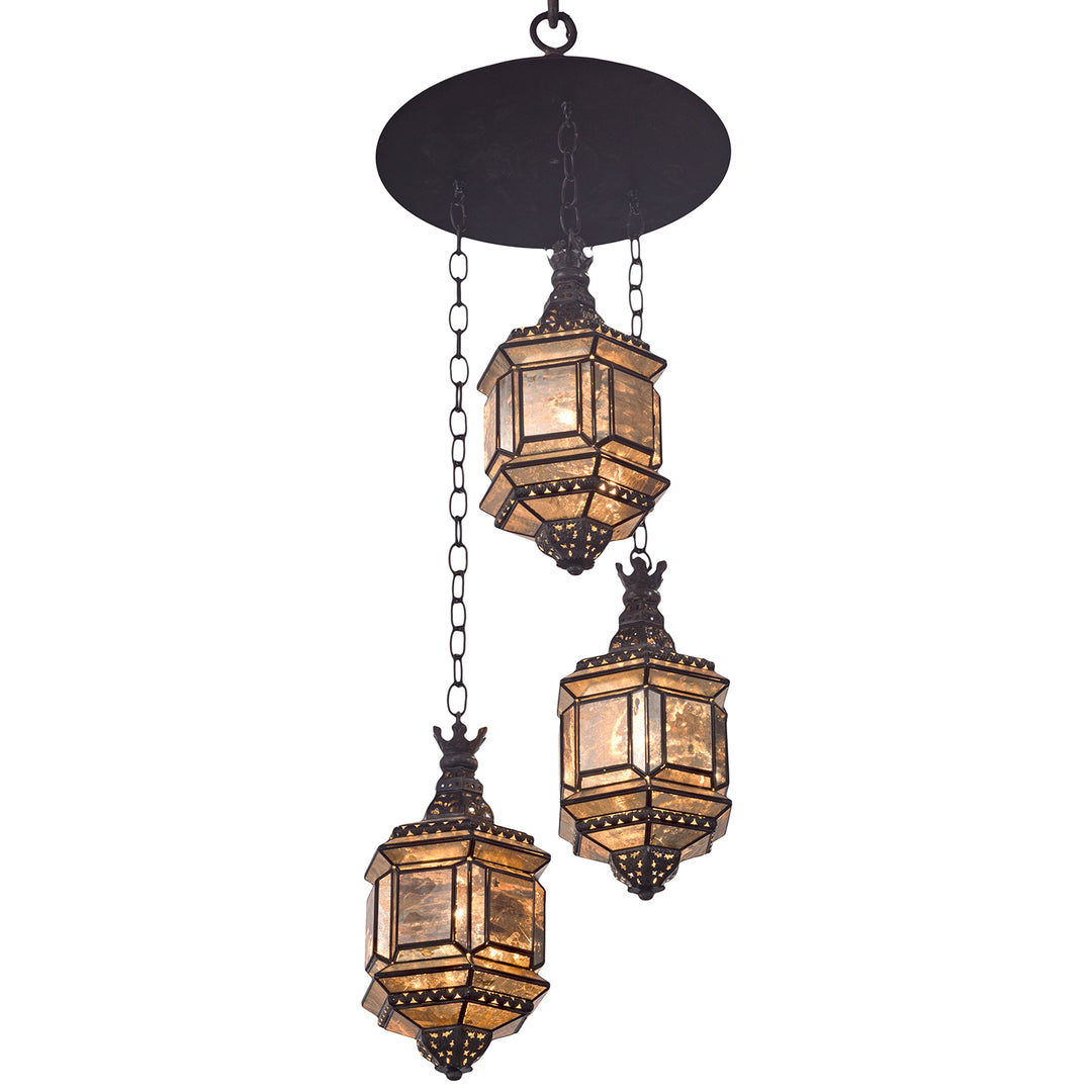 Diamante 3 Light Cluster Pendant artisan pendant light with hand-punched tin and antique mirrored glass lanterns