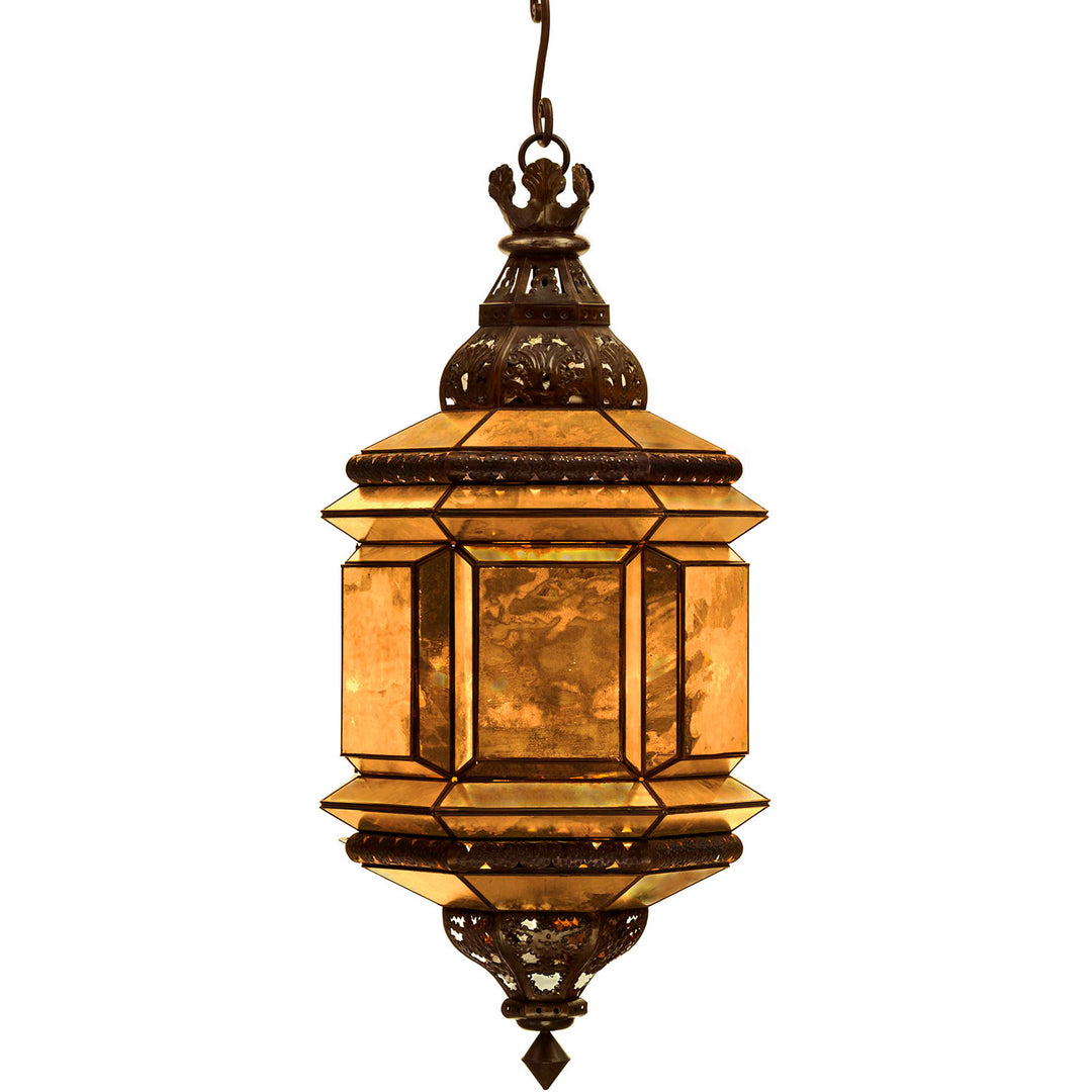 Diamante Lantern designer lantern light with hand-punched tin, antique mirrored glass, faceted panels, and crown detail