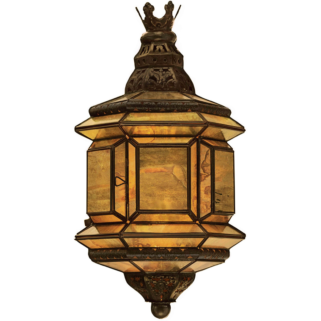 Diamante Sconce designer wall sconce with hand-punched tin, antique mirrored glass, crown detail, and warm glow