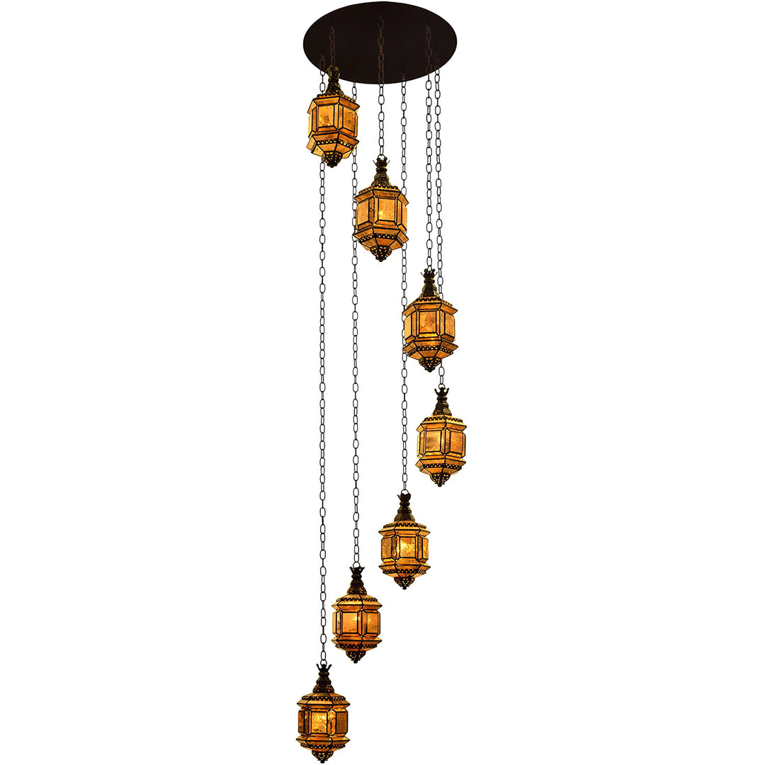 Diamante 7 Light Cluster Lantern artisan lantern light with hand-punched tin and antique mirrored glass lanterns