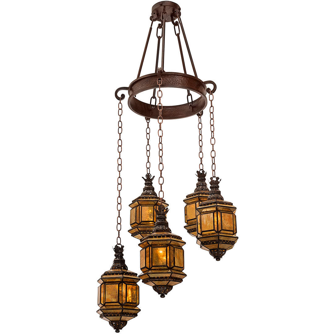 Diamante Spiral Chandelier custom designer chandelier with five hand-punched tin and antique mirrored glass lanterns