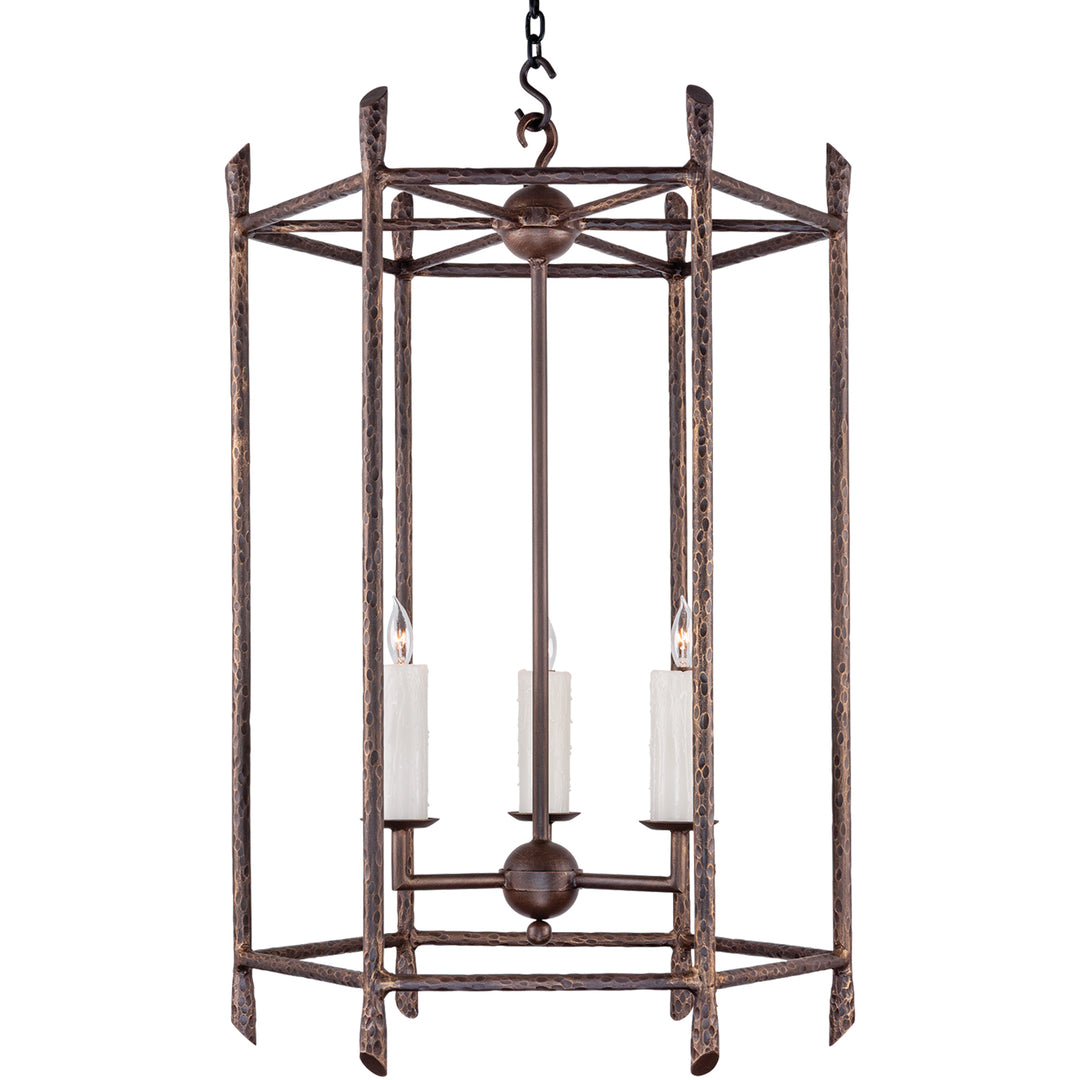 Diego wrought iron lantern pendant with a tall open iron frame, chain suspension, and exposed candle-style lights.