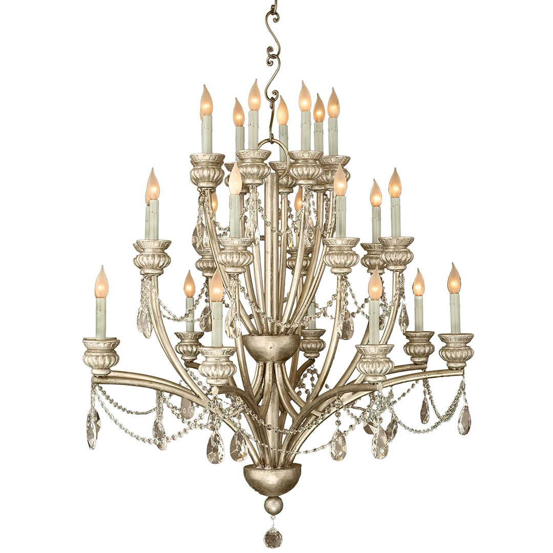 Eastgate Estate 24-light wrought iron crystal chandelier in Silver Leaf with tiered candle arms, draped crystal chains and faceted drops.