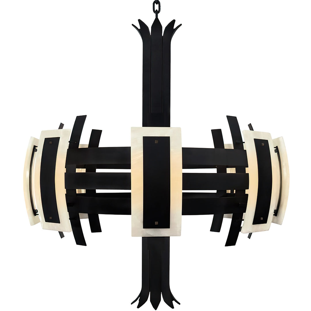 Eclipse 8 Light Alabaster Chandelier wrought iron alabaster designer chandelier with curved stone panels and dark iron frame
