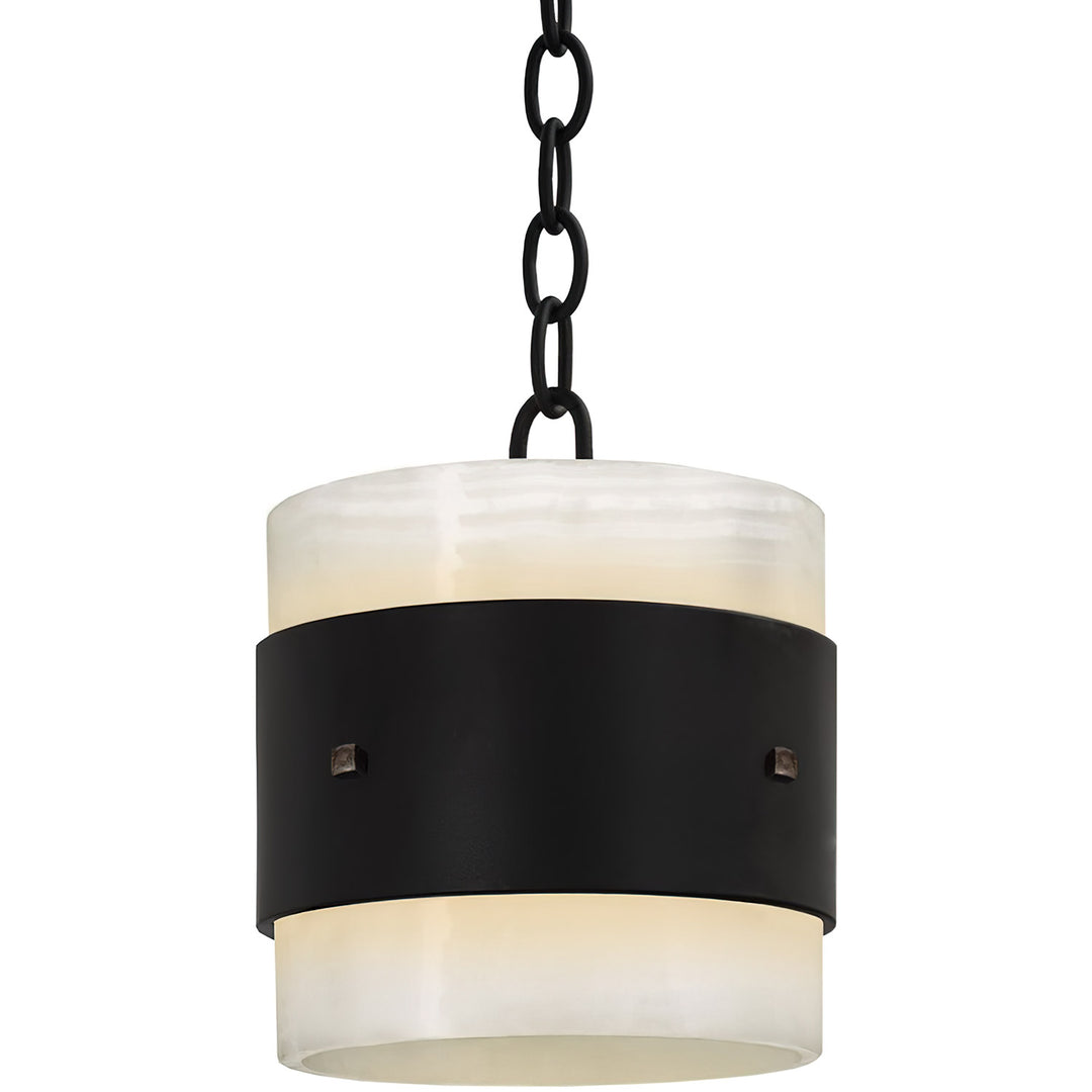 Eclipse Alabaster Pendant Light wrought iron alabaster designer pendant with curved stone shade and dark iron band