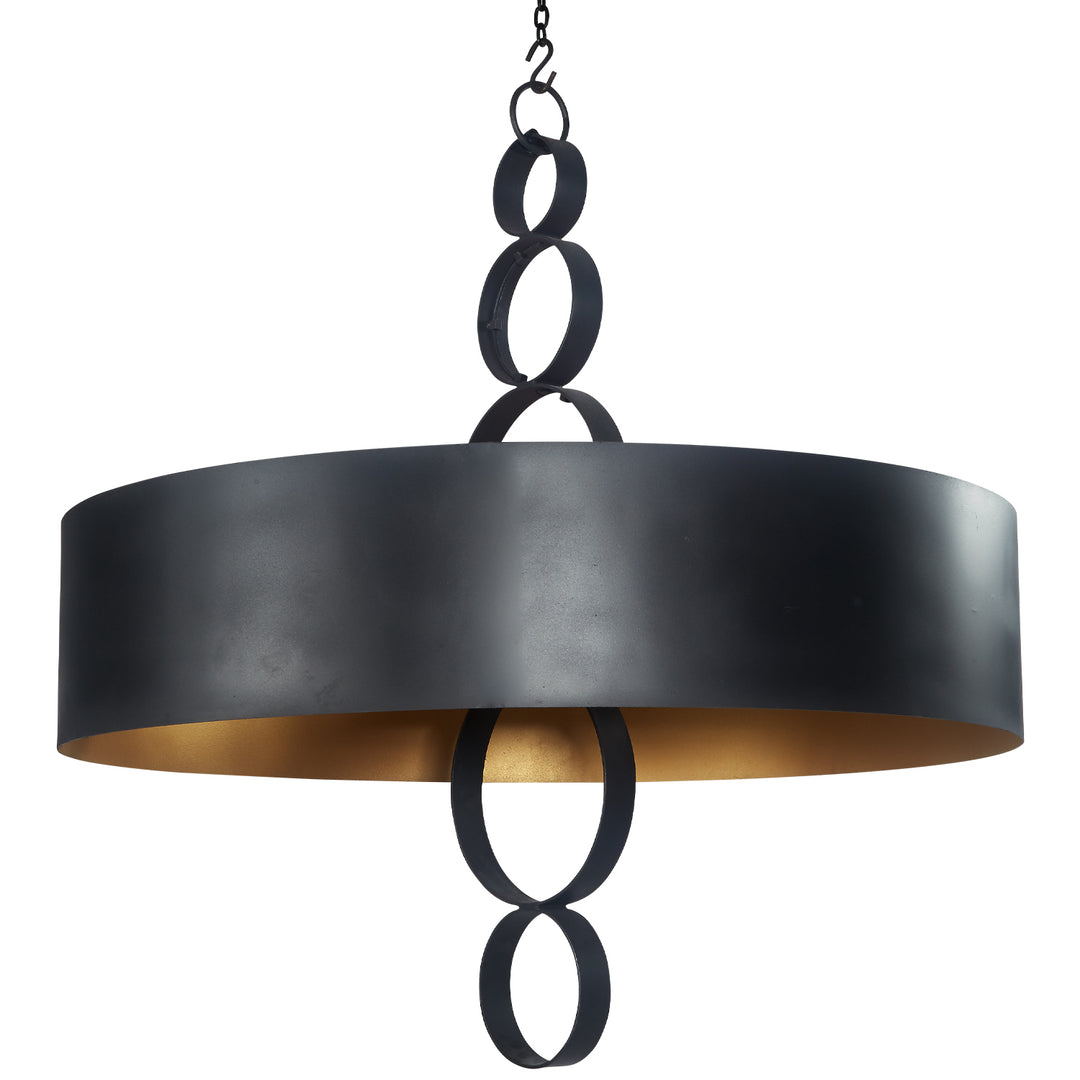 Ethan wrought iron drum chandelier with a broad cylindrical iron body, warm interior finish, and oversized forged-ring suspension.